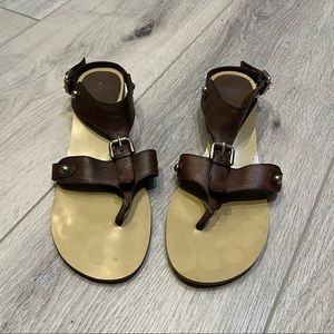 ❌ SOLD!! 👠 Nine West Brown Leather and Light Gold Hardware Sandals, Size 8